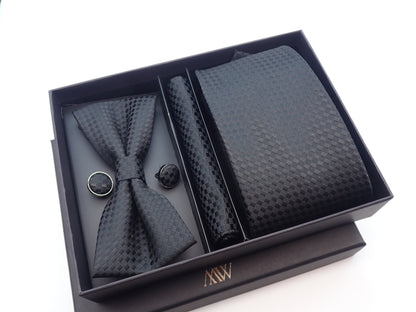 Black / Dark Pattern Tie Set / Pocket Square, Bowtie, Tie Clip, Cufflinks / Gift for Him / Wedding Groomsmen Gift / Men's Present / Box