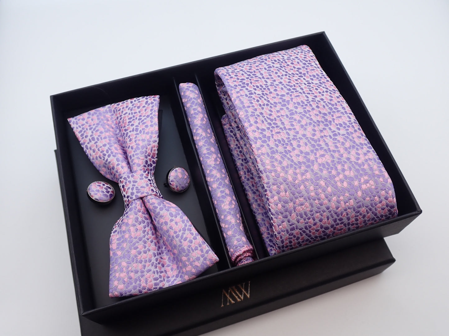 Lavender Pattern Tie Set / Pocket Square, Bowtie, Tie Clip, Cufflinks / Gift for Him / Wedding Groomsmen Gift / Men's Gift Box / Purple