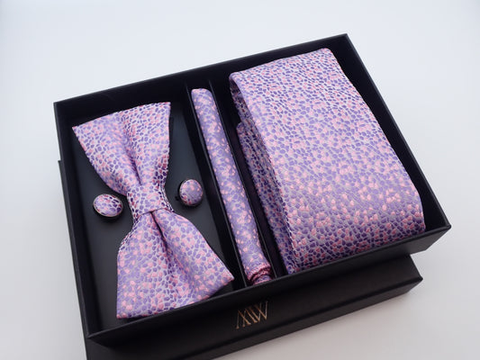 Lavender Pattern Tie Set / Pocket Square, Bowtie, Tie Clip, Cufflinks / Gift for Him / Wedding Groomsmen Gift / Men's Gift Box / Purple