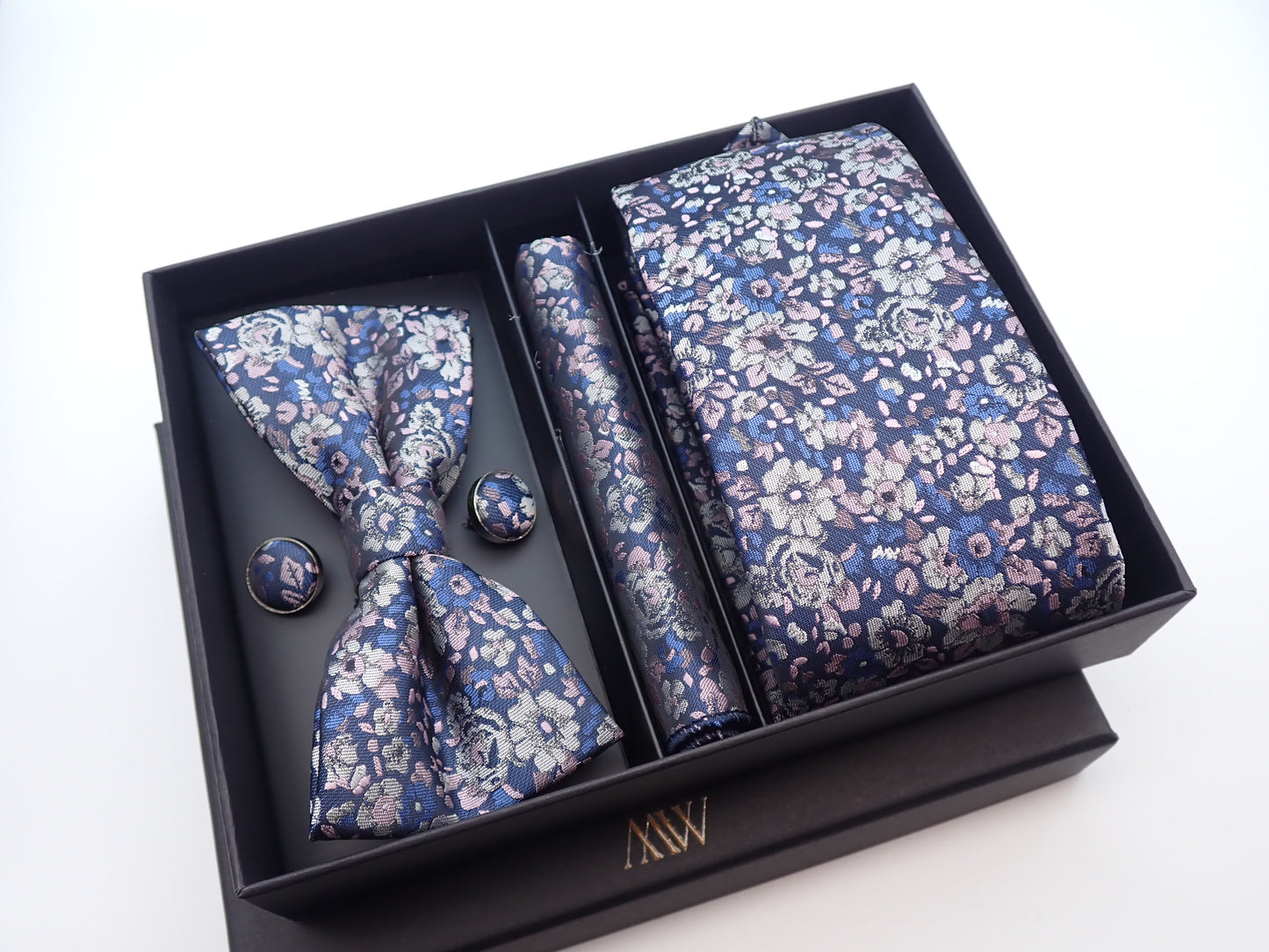 Blue Floral Paisley Tie Set / Pocket Square, Bowtie, Tie Clip, Cufflinks / Gift for Him / Wedding Groomsmen Gift / Men's Gift Box / Purple