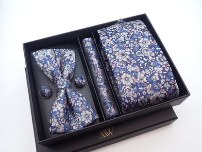 Blue Floral Paisley Tie Set / Pocket Square, Bowtie, Tie Clip, Cufflinks / Gift for Him / Wedding Groomsmen Gift / Men's Gift Box / Purple