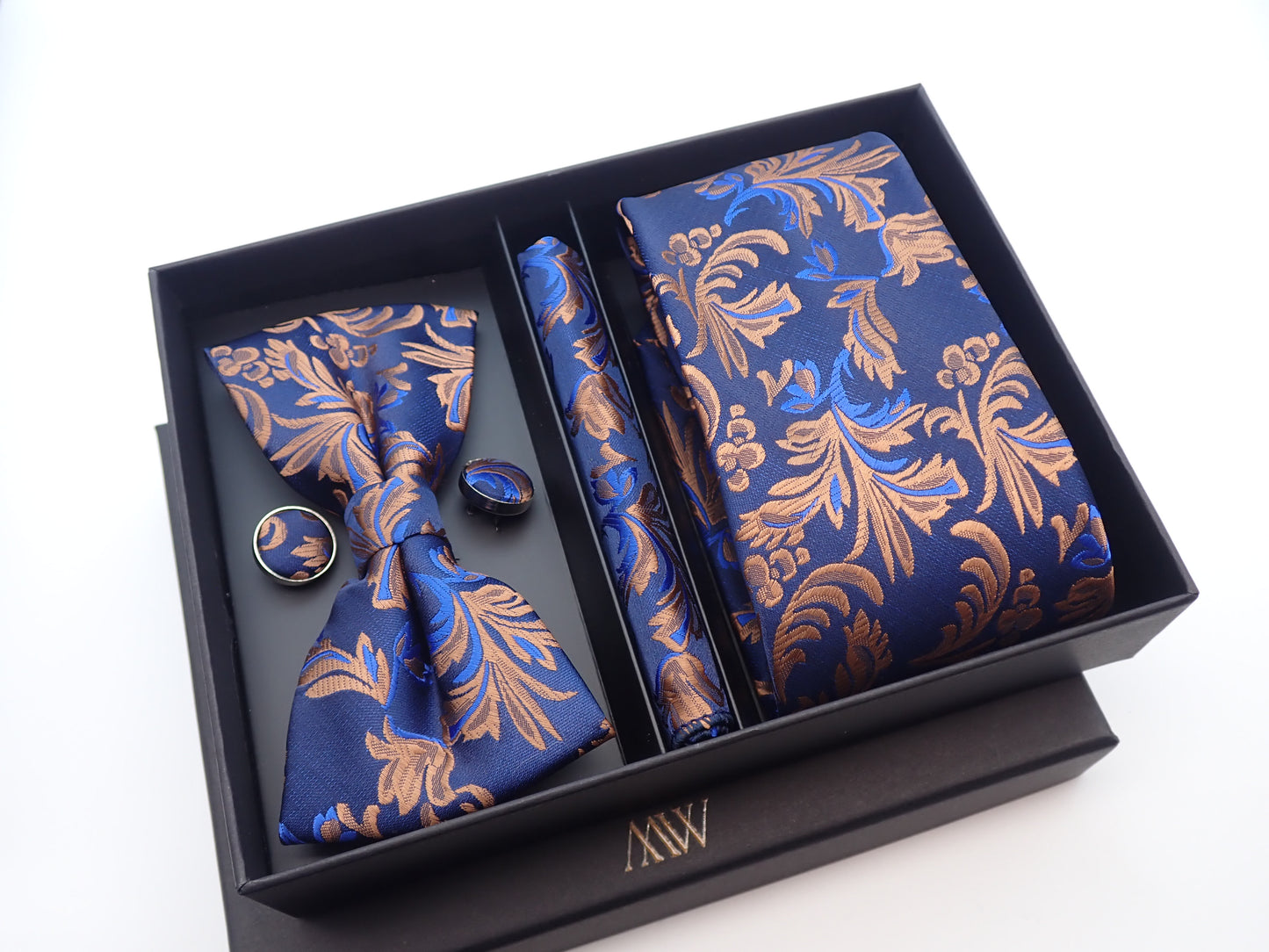 Navy Blue Beige Paisley Tie Set / Pocket Square, Bowtie, Tie Clip, Cufflinks / Gift for Him / Wedding Groomsmen Gift / Men's Gift Box