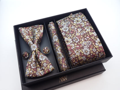Brown Floral Paisley Tie Set / Pocket Square, Bowtie, Tie Clip, Cufflinks / Gift for Him / Wedding Groomsmen Gift / Men's Gift Box