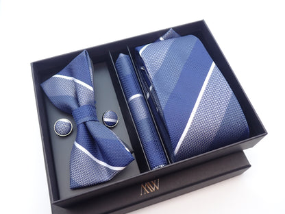 Dark Gray & Blue Stripe Pattern Tie Set / Pocket Square, Bowtie, Tie Clip, Cufflinks / Gift for Him / Wedding Groomsmen Gift / Men Gift Box
