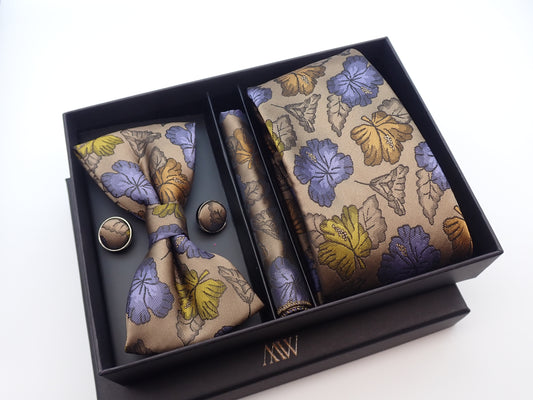 Brown Purple Gold Leaf Pattern Tie Set / Pocket Square, Bowtie, Tie Clip, Cufflinks / Gift for Him / Wedding Groomsmen Gift / Men Gift Box