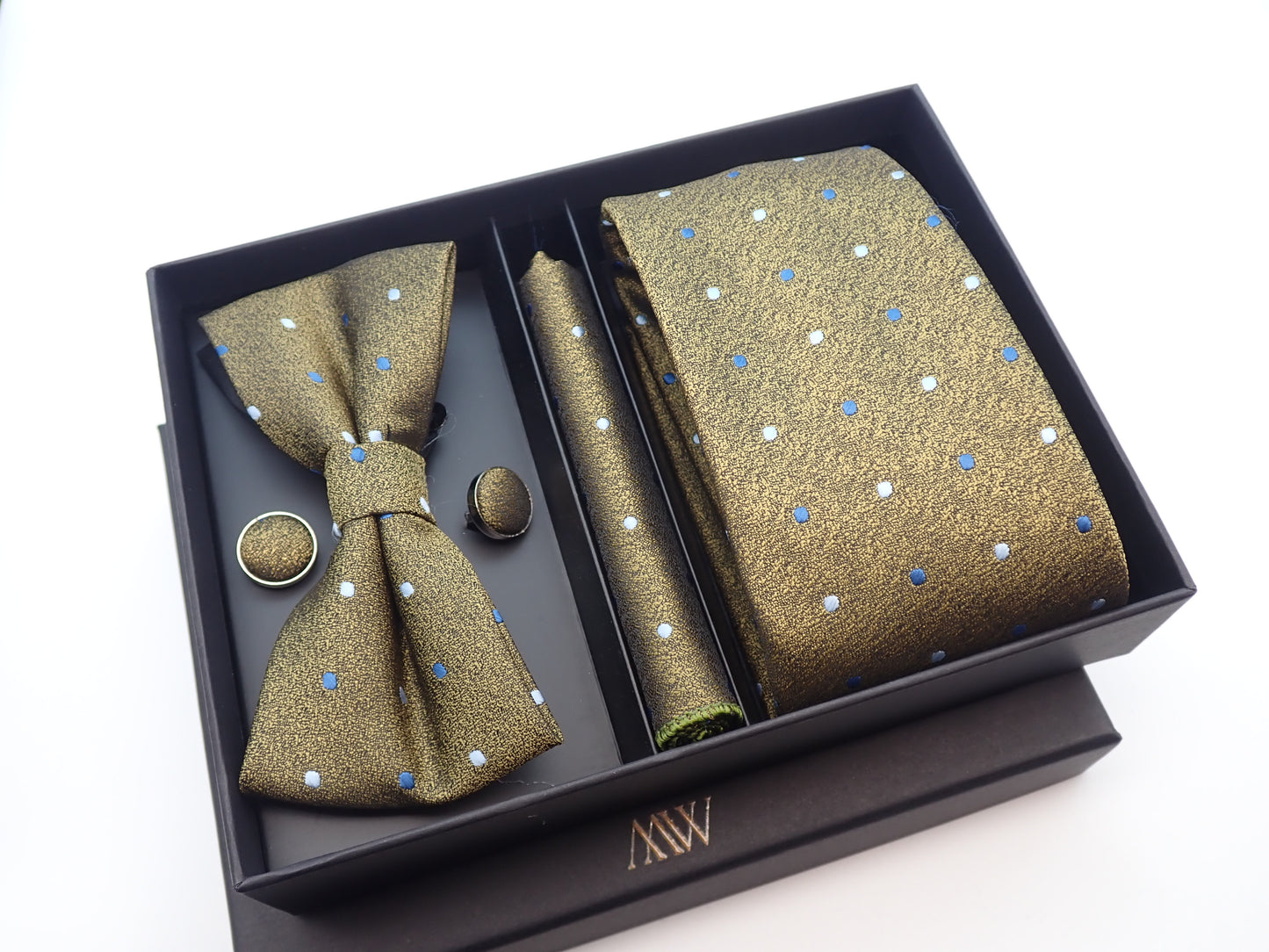 Brown Green Dot Pattern Tie Set / Pocket Square, Bowtie, Tie Clip, Cufflinks / Gift for Him / Wedding Groomsmen Gift / Men Gift Box