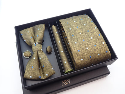 Brown Green Dot Pattern Tie Set / Pocket Square, Bowtie, Tie Clip, Cufflinks / Gift for Him / Wedding Groomsmen Gift / Men Gift Box
