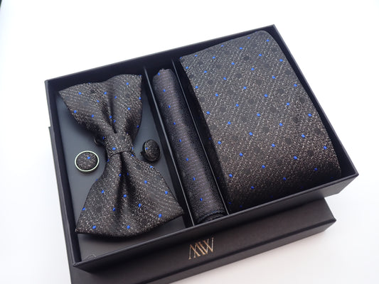 Dark Black Galaxy Pattern Tie Set / Pocket Square, Bowtie, Tie Clip, Cufflinks / Gift for Him / Wedding Groomsmen Gift / Men Gift Box