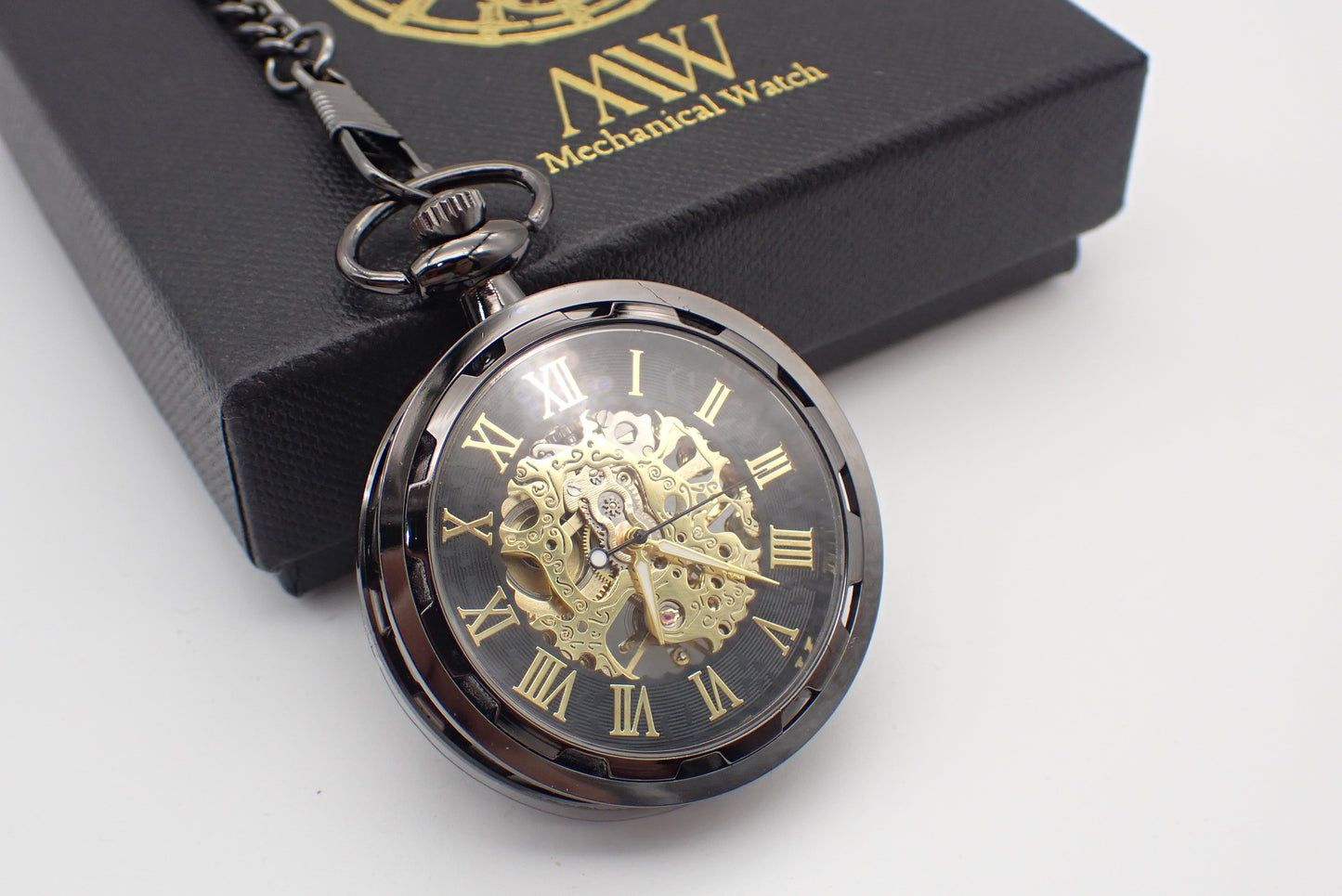 Pocket Watch Mechanical Skeleton, Antique Bronze Black Gold | Groomsmen Gift
