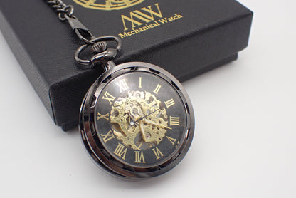 Pocket Watch Mechanical Skeleton, Antique Bronze Black Gold | Groomsmen Gift