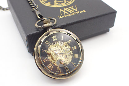 Pocket Watch Mechanical Skeleton, Antique Black with Gold | Groomsmen Gift