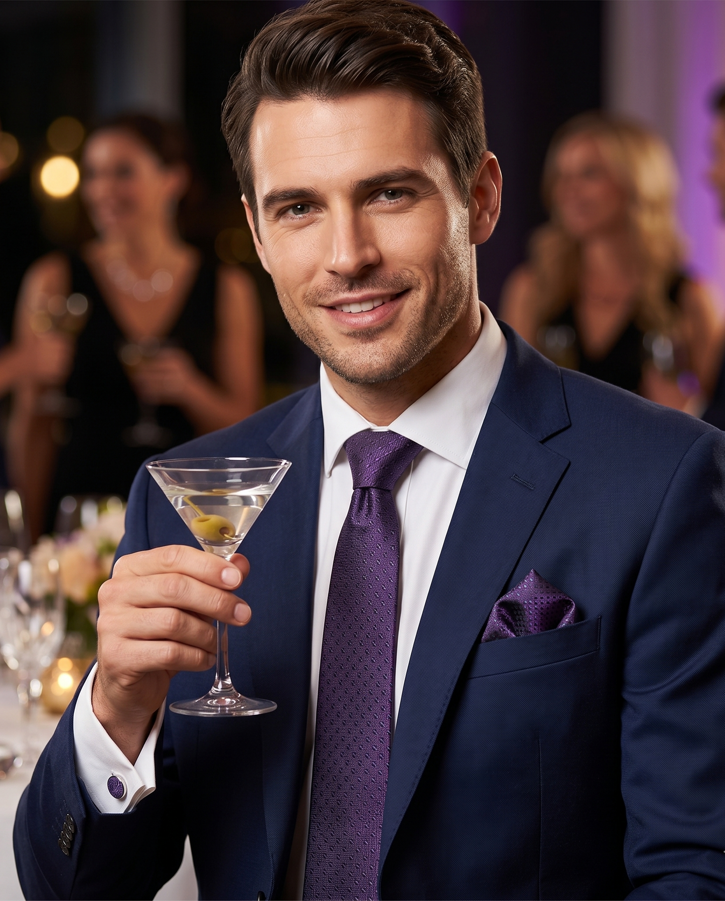 A handsome man in a tailored navy blue suit and white shirt smiling at a cocktail party. He is wearing a matching dark purple patterned tie, pocket square, and circular cufflinks, while holding a martini glass. The background is a softly blurred, elegant evening event.