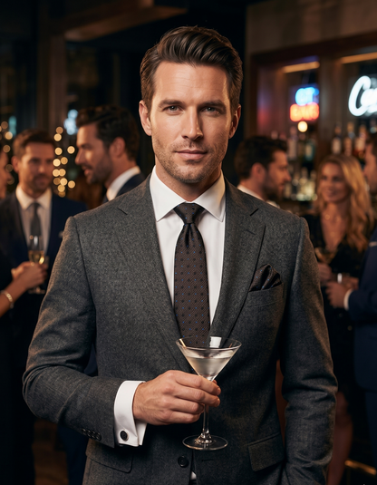 A handsome man in a tailored charcoal suit holding a martini at a lively, upscale cocktail party. He is accessorized with a stylish Black and blue polka dot tie, a matching pocket square, and Gray cufflinks.
