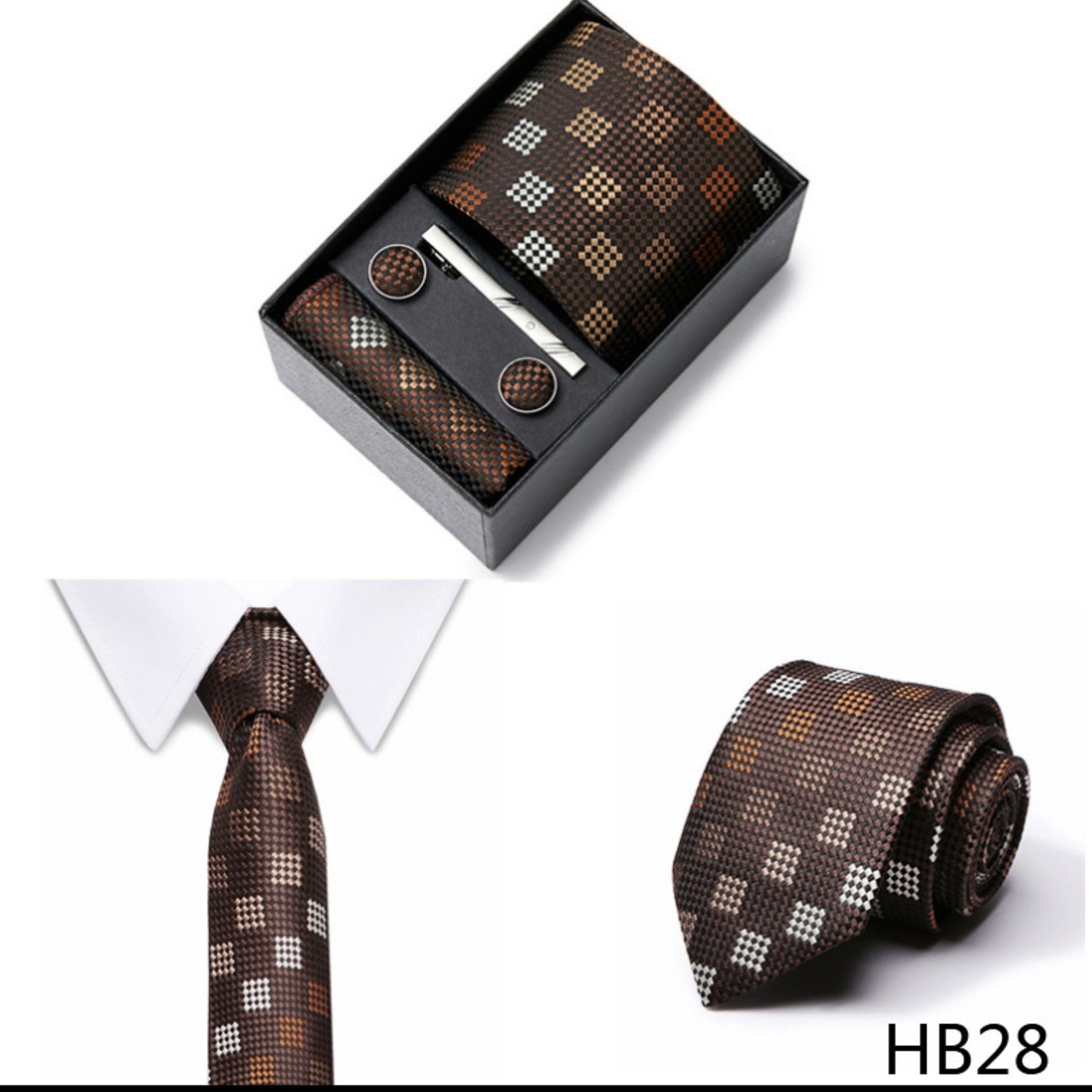 Chocolate Brown Biscuit Square Pattern Tie Set / Pocket Square, Tie Clip, Cufflinks / Gift for Him / Wedding Groomsmen Gift / Men Gift Box