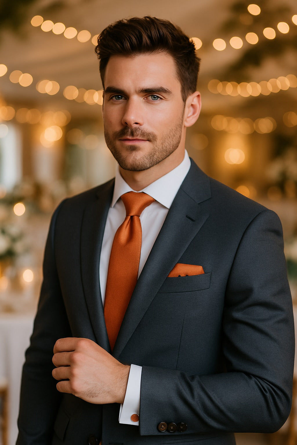 Trendy terracotta rust necktie with a sophisticated woven geometric texture, ideal for rustic wedding themes.