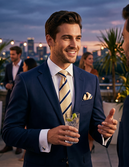 stylish man at an evening rooftop party wearing a tailored navy blue suit paired with a gold and navy striped gold necktie, matching with same pattern pocket square, and cufflinks. He is holding a cocktail and smiling confidently, showcasing modern men's formalwear.