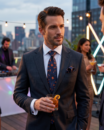 A vertical photo showing a stylish male model in a fitted navy suit at a luxurious rooftop party, confidently wearing a deep navy silk tie with a distinctive orange paisley and geometric pattern, while holding a cocktail.