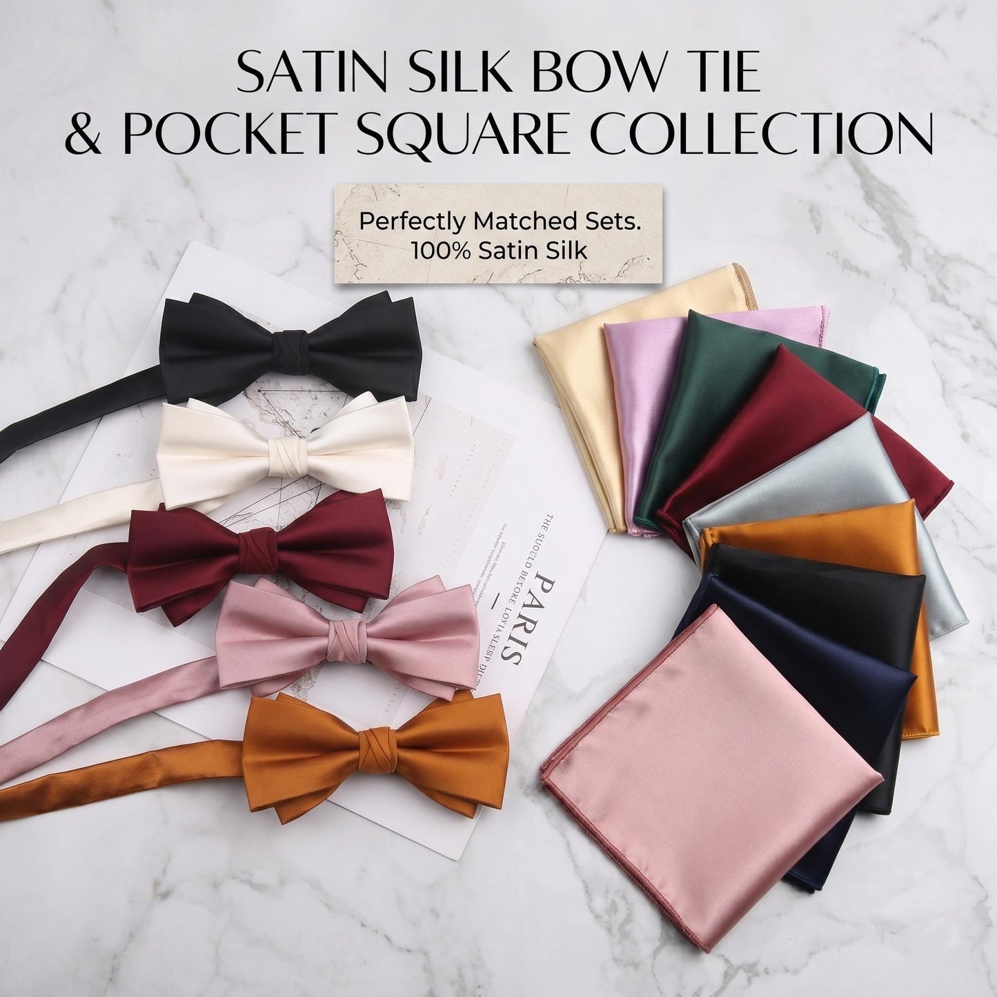 Premium Satin Silk Bow Tie & Pocket Square Set | Ultimate Groomsmen Bundle