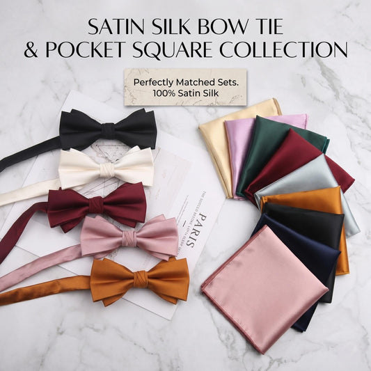 Premium Satin Silk Bow Tie & Pocket Square Set | Ultimate Groomsmen Bundle