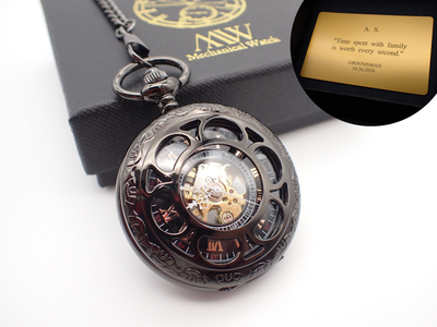 Gunmetal Skeleton Pocket Watch with 24-Hour Dial & Engraved Metal Card | Groomsmen Gift