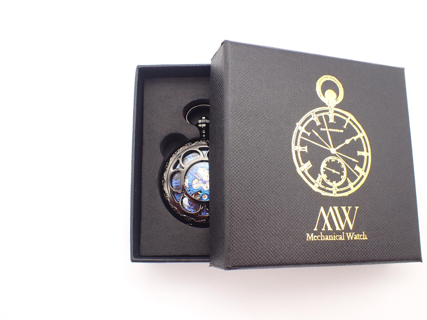 Pocket Watch Mechanical Skeleton, Groomsmen Gift, Personalized Card, Blue Silver Gears, Steampunk Taschenuhr Mechanisch Wedding Gift for Men