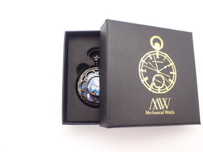 Pocket Watch Mechanical Skeleton, Groomsmen Gift, Personalized Card, Blue Silver Gears, Steampunk Taschenuhr Mechanisch Wedding Gift for Men