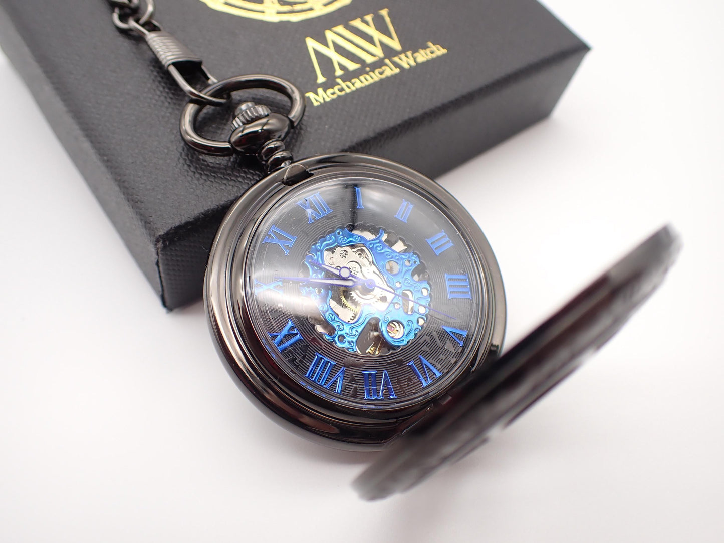 Pocket Watch Mechanical Skeleton, Groomsmen Gift, Personalized Card, Blue Silver Gears, Steampunk Taschenuhr Mechanisch Wedding Gift for Men