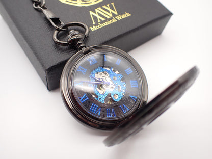 Pocket Watch Mechanical Skeleton, Groomsmen Gift, Personalized Card, Blue Silver Gears, Steampunk Taschenuhr Mechanisch Wedding Gift for Men