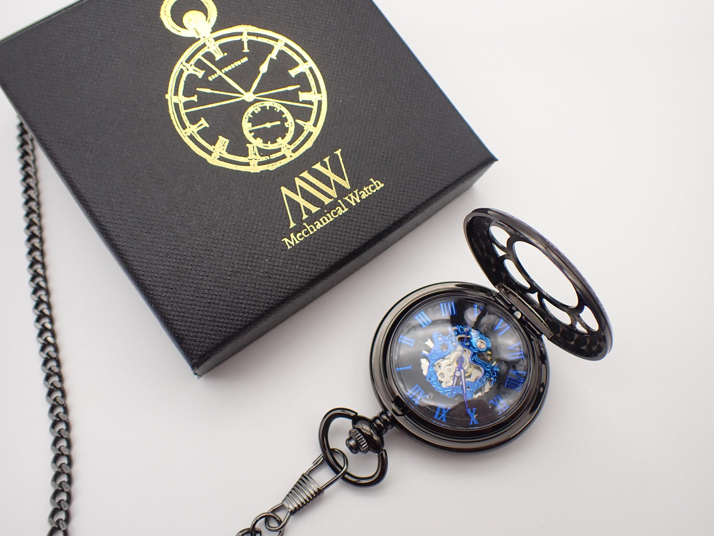 Pocket Watch Mechanical Skeleton, Groomsmen Gift, Personalized Card, Blue Silver Gears, Steampunk Taschenuhr Mechanisch Wedding Gift for Men