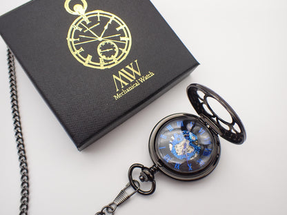 Pocket Watch Mechanical Skeleton, Groomsmen Gift, Personalized Card, Blue Silver Gears, Steampunk Taschenuhr Mechanisch Wedding Gift for Men
