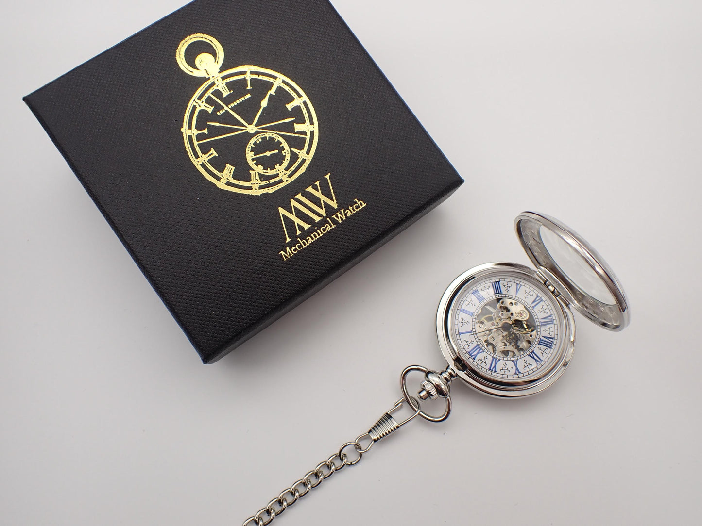Classic Silver Skeleton Pocket Watch with Blue Roman Numerals | Groomsmen Gift