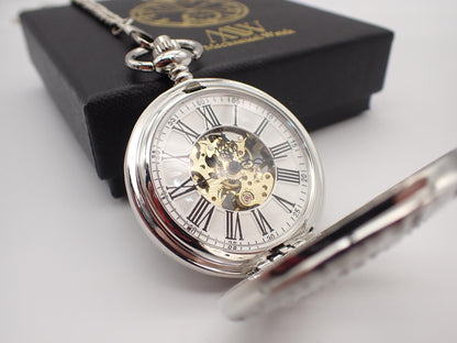 Silver Pocket Watch Mechanical Skeleton, Celestial Vine Style, Groomsmen Gift, Personalized Card, Taschenuhr Silber, Wedding Gift for Men