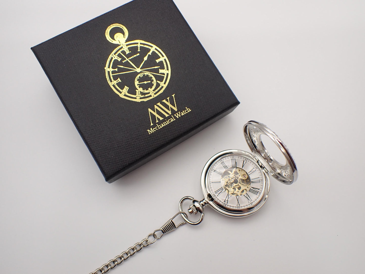 Silver Pocket Watch Mechanical Skeleton, Celestial Vine Style, Groomsmen Gift, Personalized Card, Taschenuhr Silber, Wedding Gift for Men