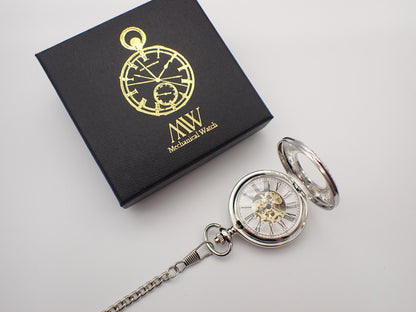 Silver Pocket Watch Mechanical Skeleton, Celestial Vine Style, Groomsmen Gift, Personalized Card, Taschenuhr Silber, Wedding Gift for Men