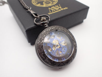 Pocket Watch Mechanical Skeleton, Blue Gears Movement, Groomsmen Gift, Personalized Card, Black Taschenuhr Mechanisch, Mens Wedding Gift