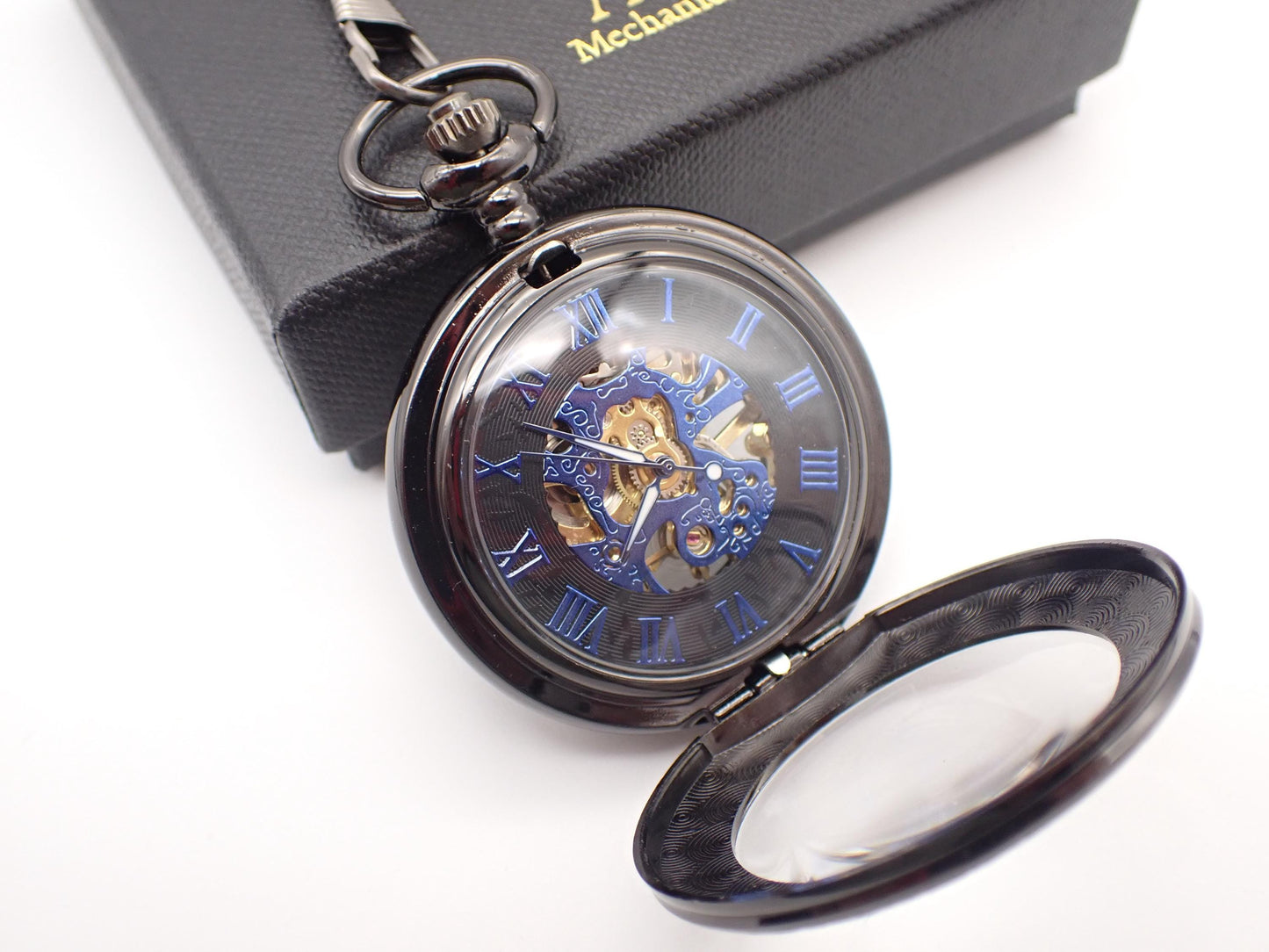 Pocket Watch Mechanical Skeleton, Blue Gears Movement, Groomsmen Gift, Personalized Card, Black Taschenuhr Mechanisch, Mens Wedding Gift