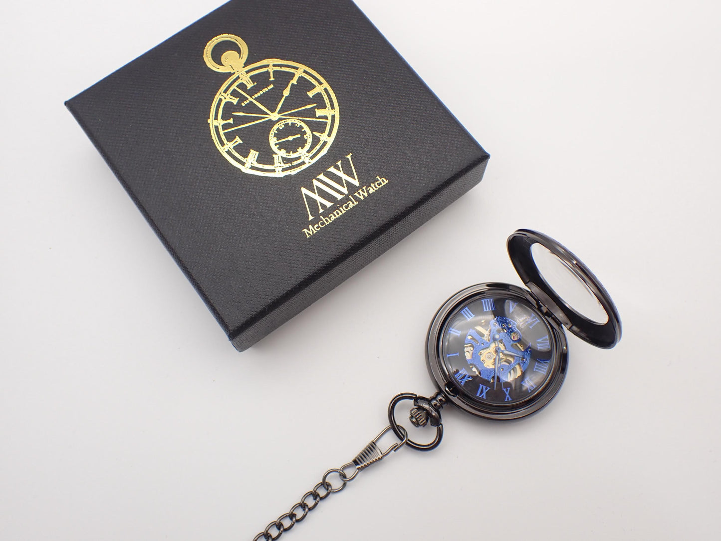 Pocket Watch Mechanical Skeleton, Blue Gears Movement, Groomsmen Gift, Personalized Card, Black Taschenuhr Mechanisch, Mens Wedding Gift
