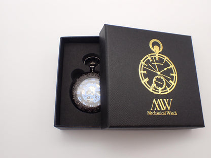 Pocket Watch Mechanical Skeleton, Blue Gears Movement, Groomsmen Gift, Personalized Card, Black Taschenuhr Mechanisch, Mens Wedding Gift
