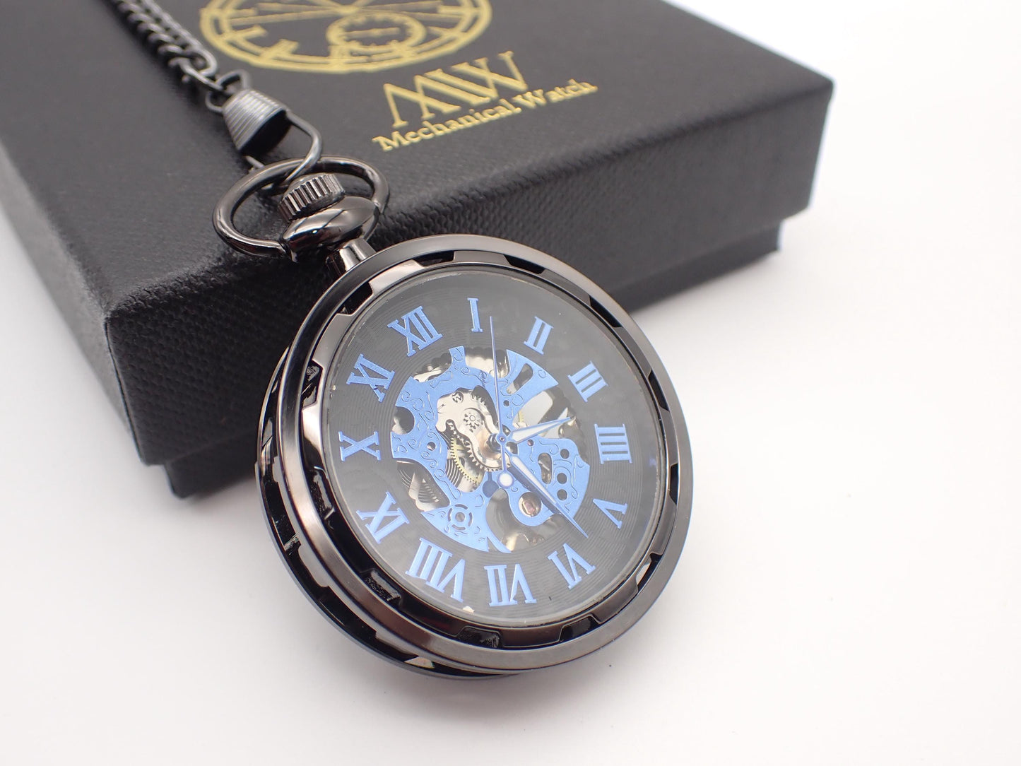 Pocket Watch Mechanical Skeleton, Roman Numerals, Groomsmen Gift, Personalized Card, Steampunk Taschenuhr Mechanisch, Black Silver Watch