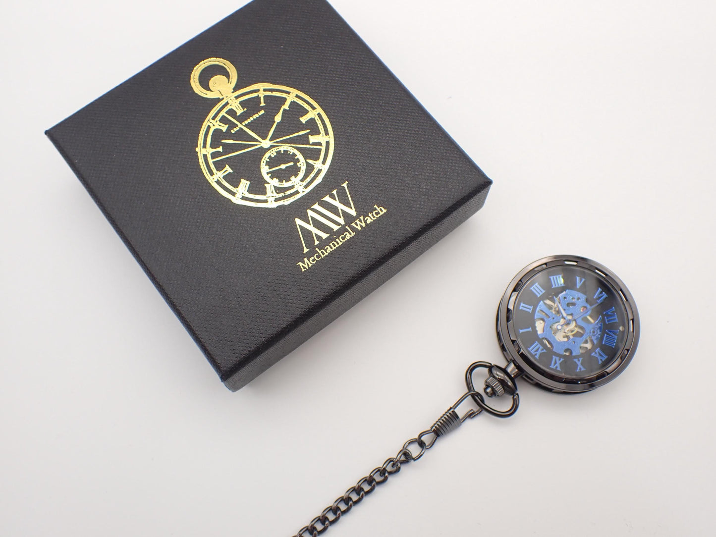 Pocket Watch Mechanical Skeleton, Roman Numerals, Groomsmen Gift, Personalized Card, Steampunk Taschenuhr Mechanisch, Black Silver Watch