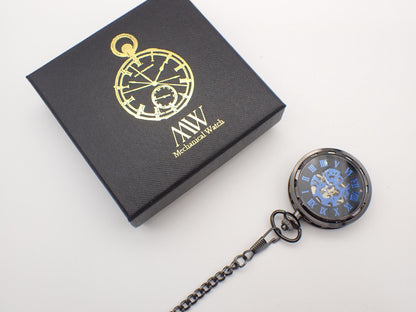 Pocket Watch Mechanical Skeleton, Roman Numerals, Groomsmen Gift, Personalized Card, Steampunk Taschenuhr Mechanisch, Black Silver Watch