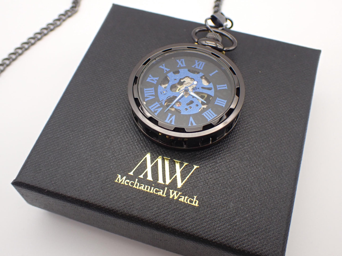 Pocket Watch Mechanical Skeleton, Roman Numerals, Groomsmen Gift, Personalized Card, Steampunk Taschenuhr Mechanisch, Black Silver Watch
