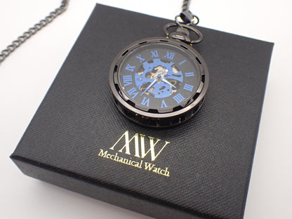 Pocket Watch Mechanical Skeleton, Roman Numerals, Groomsmen Gift, Personalized Card, Steampunk Taschenuhr Mechanisch, Black Silver Watch
