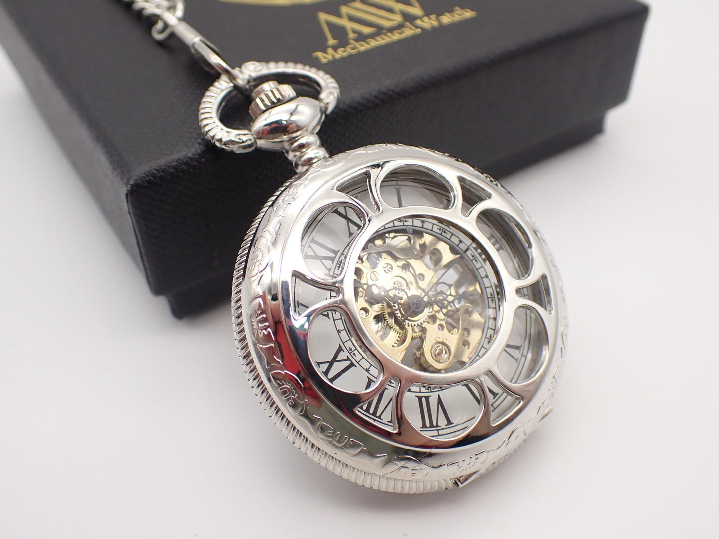 Silver Pocket Watch Mechanical Skeleton, Roman Numerals, Groomsmen Gift, Personalized Card, Taschenuhr Silber, Vintage Wedding Gift for Men