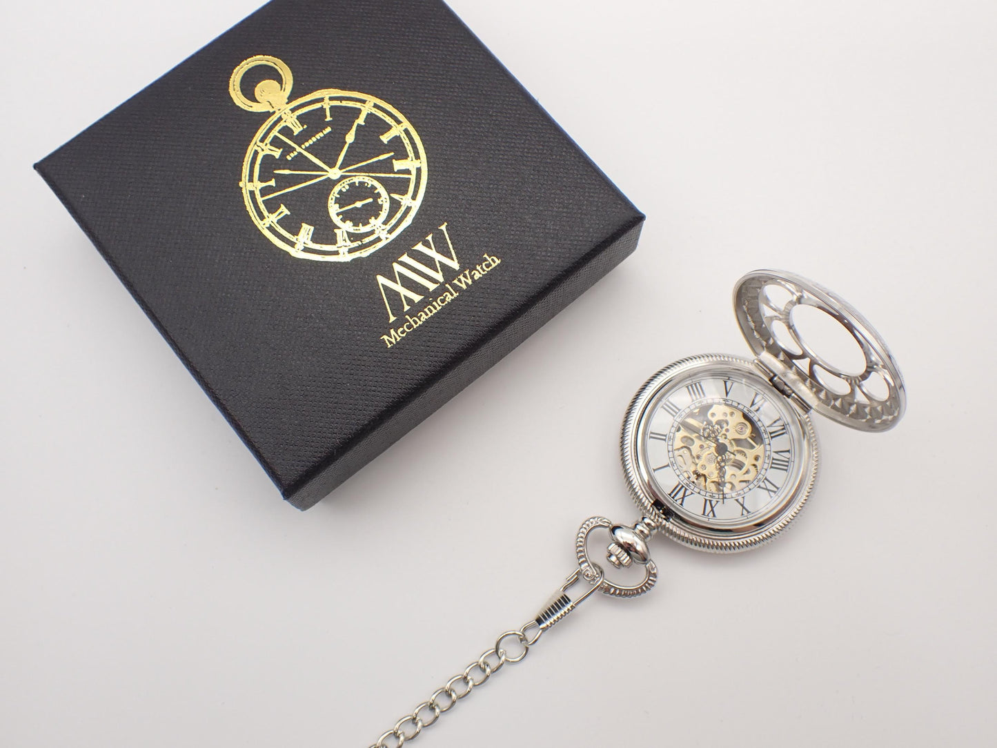 Silver Pocket Watch Mechanical Skeleton, Roman Numerals, Groomsmen Gift, Personalized Card, Taschenuhr Silber, Vintage Wedding Gift for Men