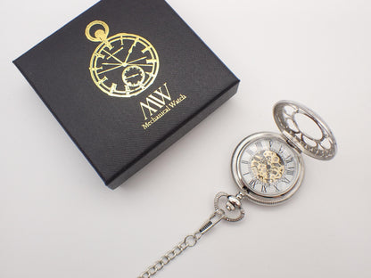 Silver Pocket Watch Mechanical Skeleton, Roman Numerals, Groomsmen Gift, Personalized Card, Taschenuhr Silber, Vintage Wedding Gift for Men