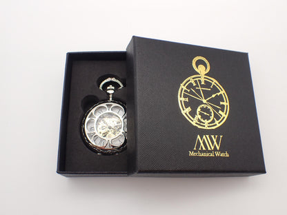 Silver Pocket Watch Mechanical Skeleton, Roman Numerals, Groomsmen Gift, Personalized Card, Taschenuhr Silber, Vintage Wedding Gift for Men