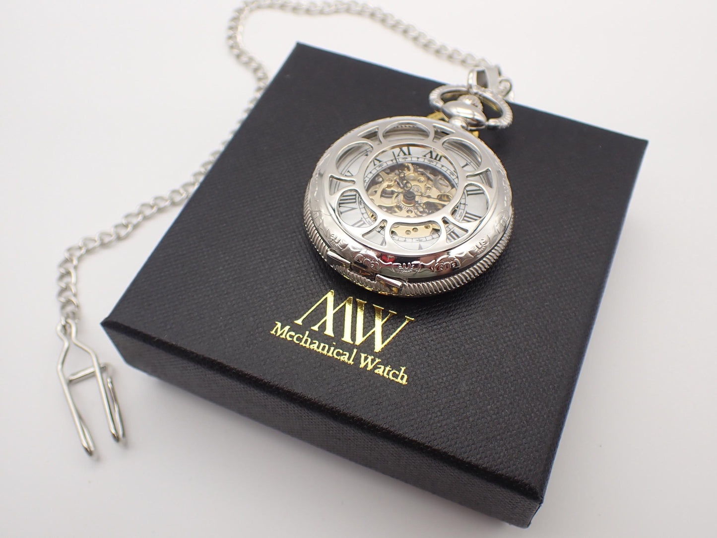 Silver Pocket Watch Mechanical Skeleton, Roman Numerals, Groomsmen Gift, Personalized Card, Taschenuhr Silber, Vintage Wedding Gift for Men