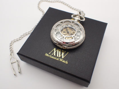 Silver Pocket Watch Mechanical Skeleton, Roman Numerals, Groomsmen Gift, Personalized Card, Taschenuhr Silber, Vintage Wedding Gift for Men