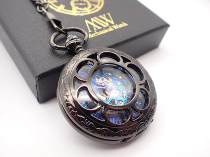 Pocket Watch Mechanical Skeleton, Groomsmen Gift, Personalized Card, Blue Silver Gears, Steampunk Taschenuhr Mechanisch Wedding Gift for Men